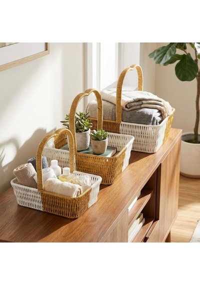 Büro Ev Ofis Düzeni İçin 3parça Hasır Stil Rattan Plastik İçe Geçen Çift Renk Dörtgen Kalp Saplı Sepet Seti Diğer