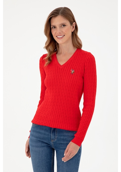 U.S. Polo Assn. Kadın Kırmızı V Yaka Basic Kazak 50288992-VR030 U.S. Polo Assn. Kadın Kırmızı V Yaka Basic Kazak 50288992-VR030