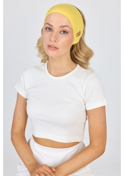 Beyaz Kısa Kol Bisiklet Yaka Vücuda Oturan Kaşkorse Crop + Bandana Set %100 Pamumklu, Esnek Rahat Sarı