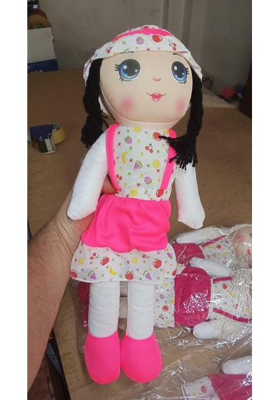 Sevimli Peluş Bez Bebek 50 Cm - Örgü Saçlı Meyve Desenli Elbiseli Bez Bebek