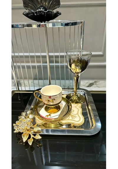 6 Lı Kare Kahve Çay Tek Kişilik Metal Sunum Tepsi Gümüş
