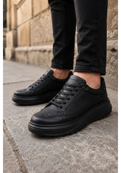 Mevese Ventoy Erkek Bağcıklı Cilt Günlük Sneaker Ayakkabı Siyah