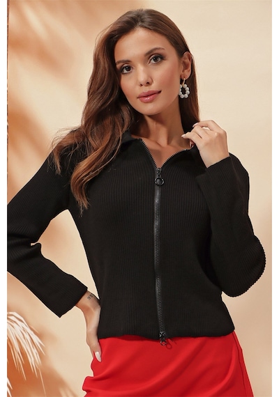 Aqe Fashion Çift Açılır Fermuarlı Polo Yaka Hırka Siyah