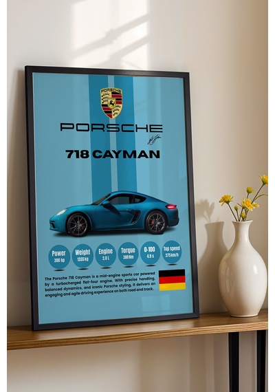 Porsche 718 Cayman Premium Spor Araba Çerçeveli Tablo - Teknik Özellikli Otomobil Sever Duvar Dekoru Siyah Porsche 718 Cayman Premium Spor Araba Çerçeveli Tablo - Teknik Özellikli Otomobil Sever Duvar Dekoru Siyah