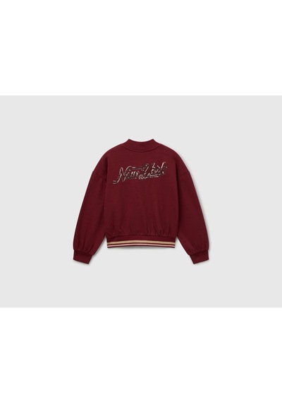 Benetton Kız Çocuk Bordo Payet İşlemeli Ucu Çizgili Sweatshirt Hırka Bordo