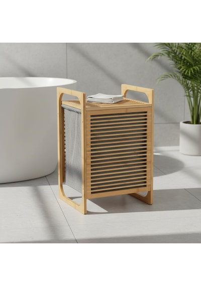 Deconox Doğal Bambu Çamaşır Sepeti 40x35x60 Cm - İçi Bezli, Kapaklı Ve Hasır Kulplu Ahşap Kirli Sepeti Diğer