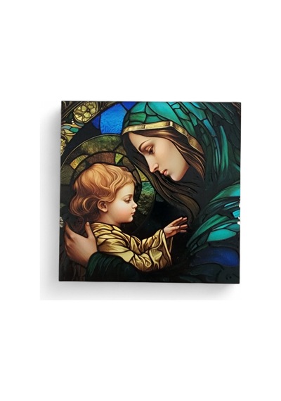 Meryem Ana Ve Çocuk İsa Vitray Ahşap Dekor Kare
