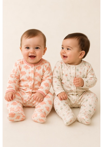 The Two Kız Bebek Çiçekli Pembe İnek Desenli Patikli Tulum 3-9 Ay Pamuklu Uyku Tulumu