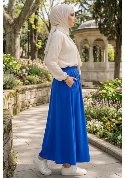 Bestenur Cepli Beli Lastikli Poplin Etek 1727 - Mavi Taba