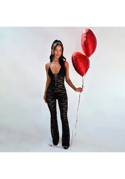 Lace Jumpsuit With Skinny Flared Legs Black Siyah