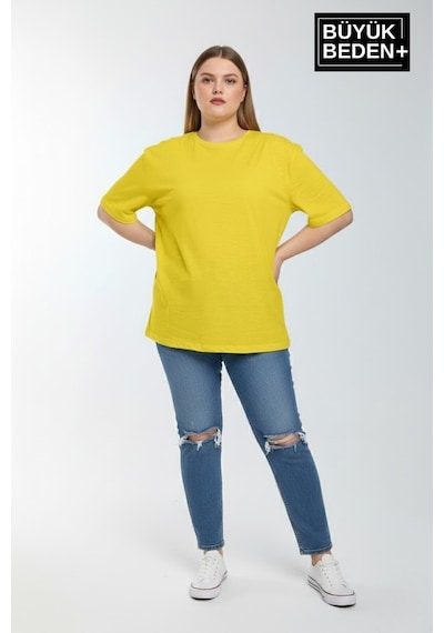 Superlife Büyük Beden Kadın Basic Tişört Pamuklu Düz T-shirt 3xl-6xl Spr26btsk510 Sarı