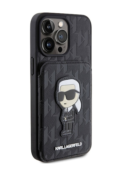 Apple Uyumlu iPhone 15 Pro Max Kılıf Karl Lagerfeld Standlı Kartlık Saffiano Monogram İkonik Logo Lisanslı Siyah