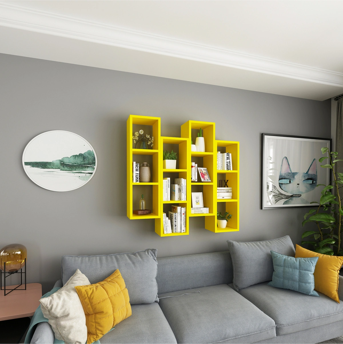 Kitaplık Mobilya Duvar Rafı Salon 4 Lü Takım Sarı Sarı