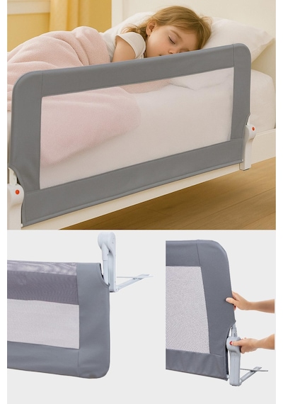 Premium 150x65 Cm Deri Kılıflı Yatak Bariyeri, Katlanır Yatak Korkuluğu, Gri