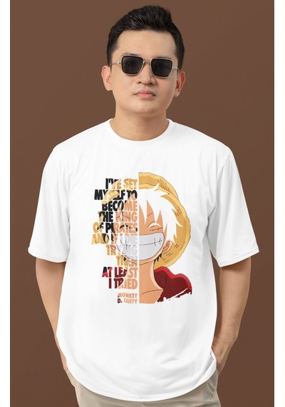 Sevbano Tasarım Monkey D. Luffy Baskılı Unisex Oversize Anime Dizi Karakt Beyaz