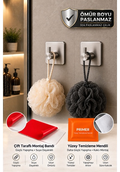 2 Adet Kare Tekli Modern Banyo Askılık 45 Mm Paslanmaz Çelik Delmeden Yapışkan Montaj Inox