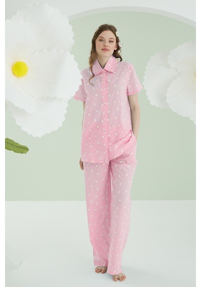 Nbb Kadın Pembe Papatyalı Önden Düğmeli Pijama Takımı Pembe