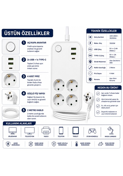 Sh-4629 4 Lü Topraklı Akım Korumalı Priz 2 Usb 1 Type-c Şarj Çıkışlı 2 Metre Kablolu Anahtarlı Çoklu Grup Priz Uzatma Kablosu 2 M