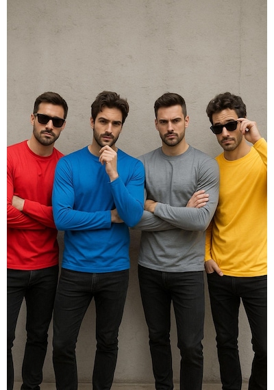 Rich Erkek Sarı-mavi-kırmızı-gri Melanj 4'lü Paket Basic Uzun Kollu Tişört Body T-shirt Çok Renkli
