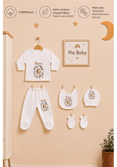 Pia Baby İsme Özel Erkek Bebek %100 Pamuk Zıbın Şapka Önlük Eldivenli Set 2037z3x Krem