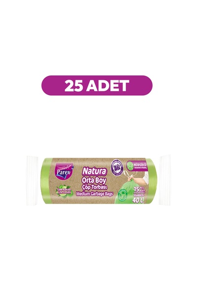 Natura Büzgülü Çöp Torbası 15'li Orta Boy 55 X 60 Cm 25'li Paket