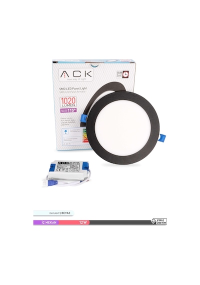 ACK 12W Sıva Altı Yuvarlak LED Panel Armatür Siyah Gövde 6500K Be Siyah