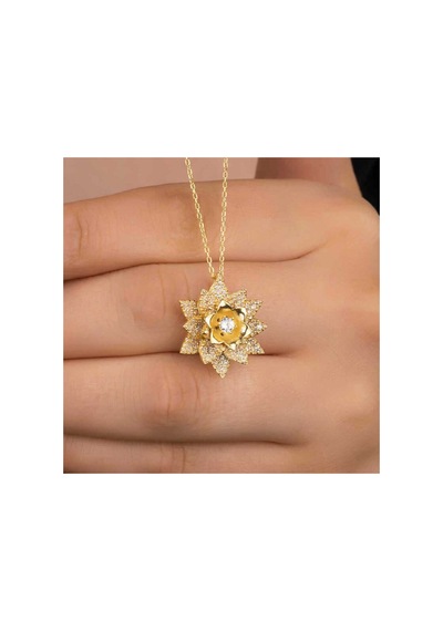 Gümüş Gold Beyaz Taşlı Lotus Çiçeği Kadın Kolye Çok Renkli Çok Renkli