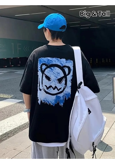 Erkek Tişört Bisiklet Yaka Kore Tarzı Baskı Kısa Kol T-shirt - Siyah