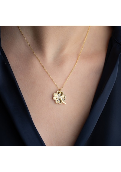 Vaoov 925 Ayar Gümüş Dokulu Ve Taşlı Yonca Kolye Gold
