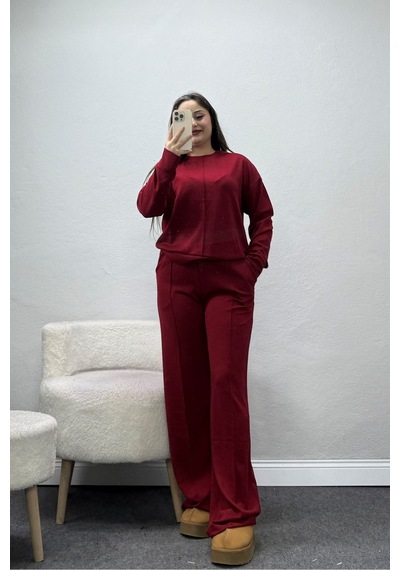 Belendir Kadın Modal Bisiklet Yaka Geniş Paça Çımalı Takım Bordo