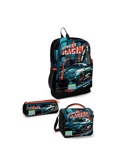 Coral High Kids Siyah Nefti Yarış Arabası Desenli 3'lü Okul Çanta Seti Set0123765 Koyu Yeşil