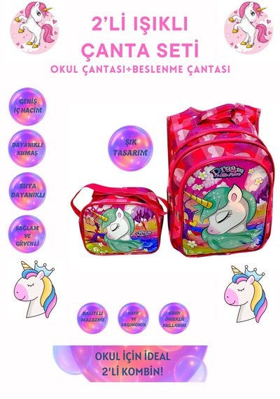 Unicorn Işıklı İlkokul Çantası 2'li Takım Pembe