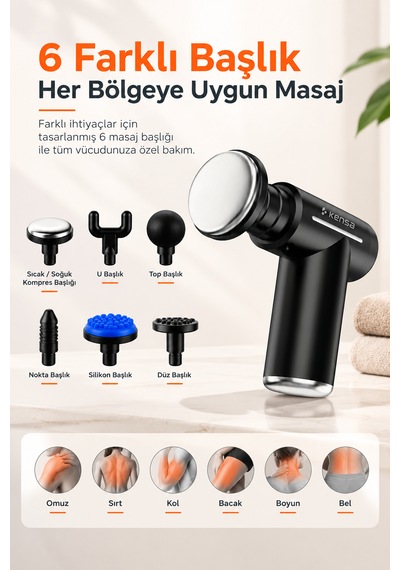Masaj Tabancası Sıcak & Soğuk 6 Kademeli 6 Başlıklı Şarjlı Masaj Seti Siyah