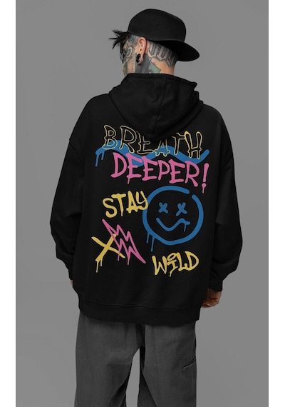 Breath Deeper Yazılı Unisex Oversize Tasarım Hoodie Siyah