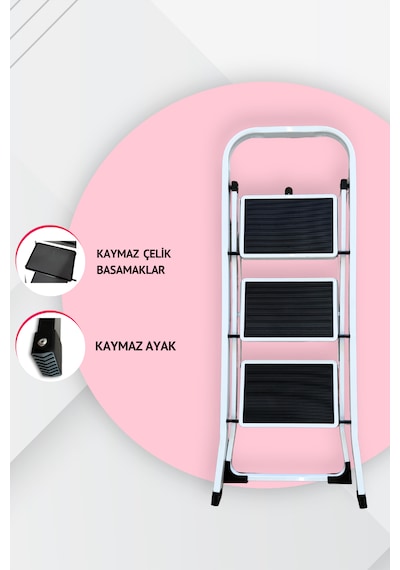 Portalife 3 Basamaklı Beyaz Çelik Şık Merdiven 101-150cm Arası