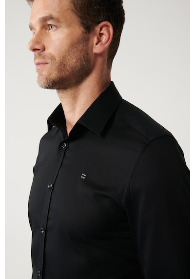 Avva Erkek Siyah Gömlek Klasik Yaka %100 Pamuk Saten Slim Fit Dar Kesim  B002006 Siyah