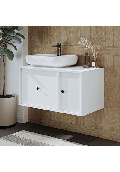 Gusto Ayaksız Oval Lavabolu Mdf 90 Cm Çekmeceli Banyo Dolap Beyaz Mat Beyaz