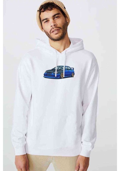 Subaru Impreza Stı Baskılı Beyaz Erkek Kapşonlu Sweatshirt
