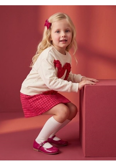 Zekids Kız Çocuk Ekru Kırmızı Kalp Aplikeli Sweatshirt-17450 KREM