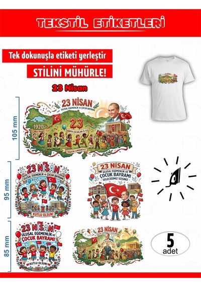 Ütü İle Yapışan Kıyafet Etiketi 23 Nisan 5li Set Karışık
