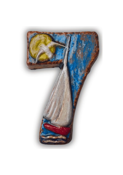 El Yapımı Deniz Temalı Seramik Kapı No.7 - 8x13 Cm - Akdeniz/ege Ruhu - Dekoratif Ev, Villa, Site Girişi, Dış Mekan Ve Apartman Girişi -