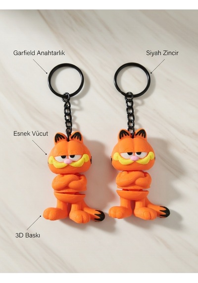 2 Adet Klasik Garfield Kedi Anahtarlığı 3d Esnek - Siyah Zincirli Turuncu