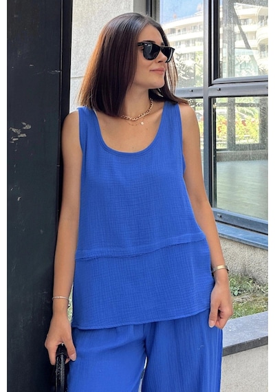 WeShaya Saks İthal Müslin Kumaş, Basic, Katlı, Salaş Askılı Bluz & Atlet Saks