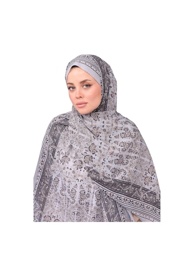 Premium Lux Original Etnik Desen Şal Vual İpek, 1. Sınıf, Hafif, Rahat, Şık, Tesettür Giyim Gri