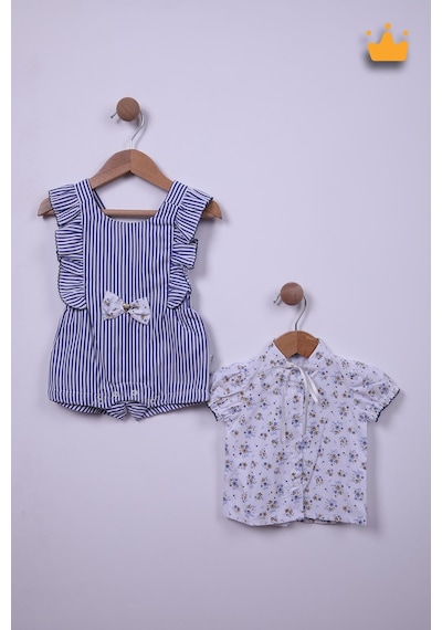 Babyhola Kız Bebek Bayramlık Takım Marin Desen Salopet Bluz 12931 Göründüğü Gibi