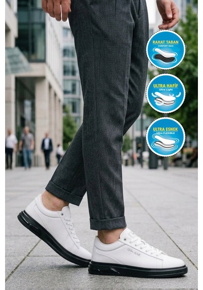 Walkway Erkek Beyaz-siyah Bağcıklı Kalın Taban Erkek Casual Ayakkabı Sneaker 8078 Dashor M