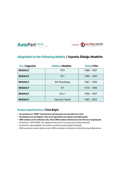 Renault R7, R9, Clio1, R19,r21, Rapid İçin Cam Açma Kolu