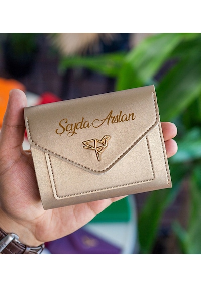 Bk Gift Kişiye Özel İsimli Vegan Deri Mini Gold Kadın Cüzdanı, Sevgiliye Hediye, Anneye Hediye, Arkadaşa Hediye