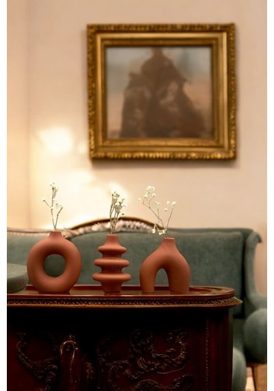 Siyah Dekoratif Vazo Seti Obje Ev Dekorasyon Masa Üstü Dekor Vazo Seti Model 1001 Terracotta Terracotta