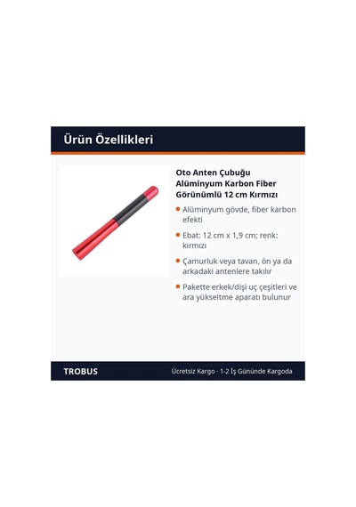 Trobus Oto Anten Çubuğu Alüminyum Karbon Fiber Görünümlü 12 Cm Kırmızı